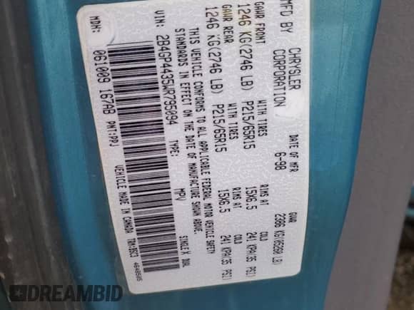 1998 Dodge Caravan Sport с VIN 2B4GP4435WR795094, выставлен на аукционе Copart как лот 81107684 с пробегом 146 767 миль миль и Чистый • Clean title. История ставок и продаж доступна на DreamBid. Изображение 14.