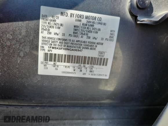 2022 Ford Explorer Limited z VIN 1FMSK8FH0NGA96947, wystawiony jako Copart lot #66201845 z przebiegiem 81 624 mil mil oraz Szkoda całkowita • Salvage title. Historia ofert i sprzedaży dostępna na DreamBid. Obrazek 14.