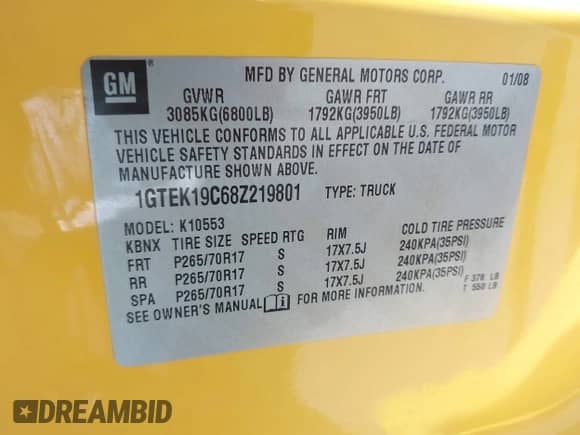 2008 GMC Sierra 1500 SLE1 with VIN 1GTEK19C68Z219801, listed as a IAAI auction lot 43472446 with 200,189 mi miles and . Bid and sale history available at DreamBid. Image 9.