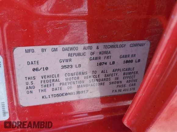 ✅ 2010 Chevrolet Aveo 1LT • VIN: KL1TD5DE0AB135917 • Lot: 44272175. Wystawiony na Copart z przebiegiem Nie podano. Bezpłatny archiwum sprzedaży aukcyjnych z USA i szczegółowy raport historii pojazdu na DreamBid. Zdjęcie 12.