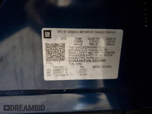 ✅ 2020 Chevrolet Equinox LT • VIN: 2GNAXKEV5L6156893 • Лот: 64635665. Опубликован ранее на Copart с пробегом 66 795 миль. Бесплатный доступ к архиву аукционных продаж из США и подробный отчёт об истории автомобиля на DreamBid. Изображение 13.