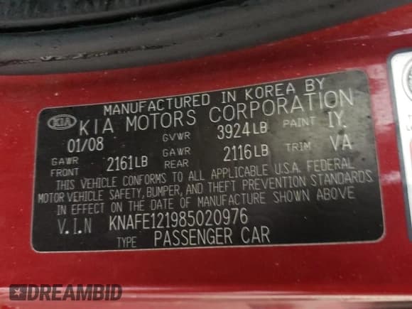 ✅ 2008 Kia Spectra EX • VIN: KNAFE121985020976 • Lot: 52587494. Wystawiony na Copart z przebiegiem 82 375 mil. Bezpłatny archiwum sprzedaży aukcyjnych z USA i szczegółowy raport historii pojazdu na DreamBid. Zdjęcie 12.