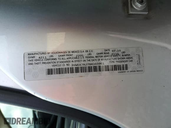 ✅ 2011 Volkswagen Jetta SE • VIN: 3VWDX7AJ7BM303951 • Lot: 54206475. Listed on Copart with 181,220 mi. Free auction sales archive from the USA and detailed vehicle history report at DreamBid. Image 12.