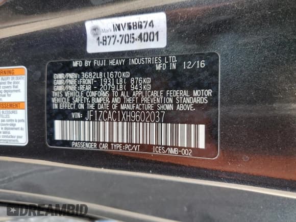 ✅ 2017 Subaru BRZ Premium • VIN: JF1ZCAC1XH9602037 • Lot: 83405794. Listed on Copart with 108,605 mi. Free auction sales archive from the USA and detailed vehicle history report at DreamBid. Image 12.