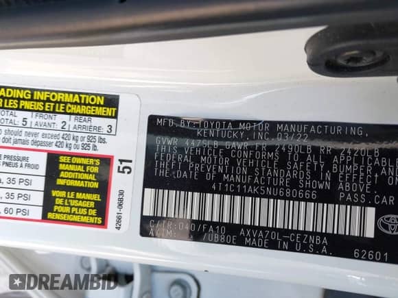 2022 Toyota Camry LE с VIN 4T1C11AK5NU680666, выставлен на аукционе IAAI как лот 43217749 с пробегом 59 913 миль миль и . История ставок и продаж доступна на DreamBid. Изображение 9.