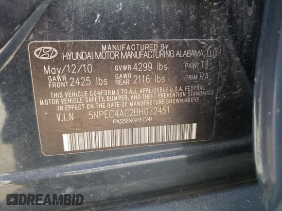 ✅ 2011 Hyundai Sonata Limited • VIN: 5NPEC4AC2BH072451 • Lot: 70088954. Listed on Copart with Not provided. Free auction sales archive from the USA and detailed vehicle history report at DreamBid. Image 13.