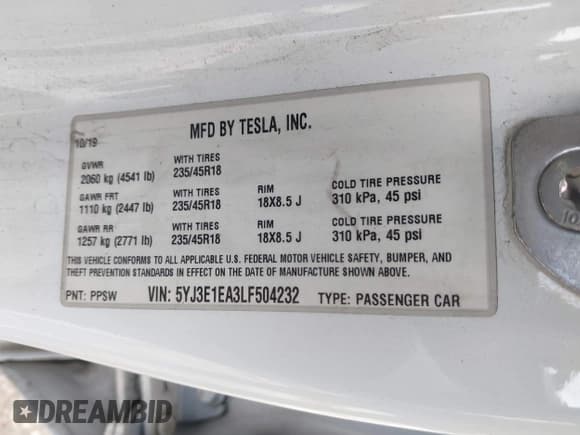 ✅ 2020 Tesla Model 3 Standard Range Plus • VIN: 5YJ3E1EA3LF504232 • Лот: 42385658. Опубликован ранее на IAAI с пробегом 98 400 миль. Бесплатный доступ к архиву аукционных продаж из США и подробный отчёт об истории автомобиля на DreamBid. Изображение 9.