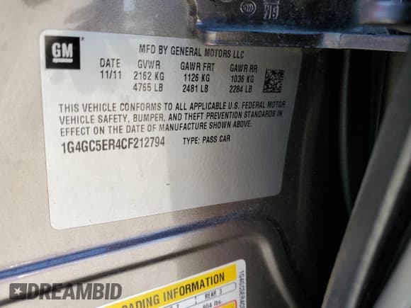 ✅ 2012 Buick LaCrosse Leather • VIN: 1G4GC5ER4CF212794 • Lot: 57648425. Wystawiony na Copart z przebiegiem 179 209 mil. Bezpłatny archiwum sprzedaży aukcyjnych z USA i szczegółowy raport historii pojazdu na DreamBid. Zdjęcie 12.