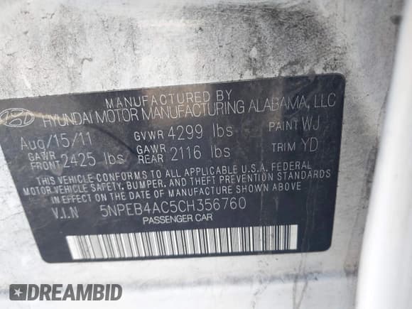 ✅ 2012 Hyundai Sonata GLS • VIN: 5NPEB4AC5CH356760 • Lot: 43582614. Listed on IAAI with 204,461 mi. Free auction sales archive from the USA and detailed vehicle history report at DreamBid. Image 9.