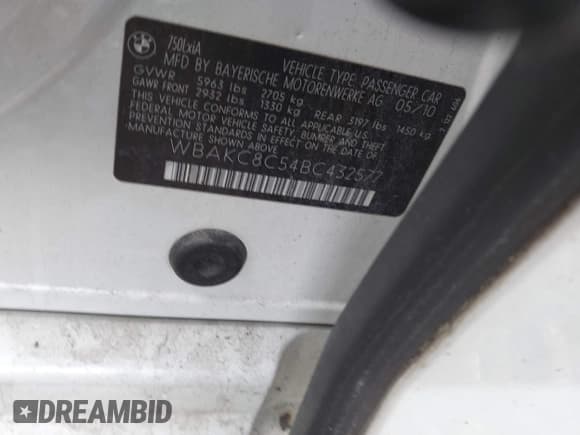 ✅ 2011 BMW 7 Series 750Li xDrive • VIN: WBAKC8C54BC432577 • Lot: 42503711. Listed on IAAI with Not provided. Free auction sales archive from the USA and detailed vehicle history report at DreamBid. Image 9.