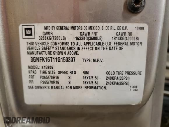 ✅ 2001 Chevrolet Suburban LS • VIN: 3GNFK16T11G159397 • Лот: 54366085. Опубликован ранее на Copart с пробегом 237 806 миль. Бесплатный доступ к архиву аукционных продаж из США и подробный отчёт об истории автомобиля на DreamBid. Изображение 12.