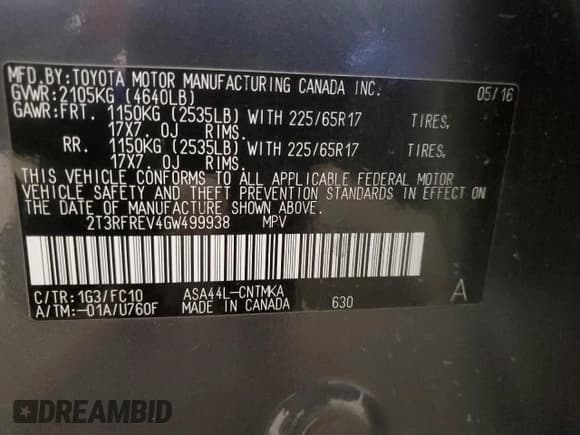 ✅ 2016 Toyota RAV4 XLE • VIN: 2T3RFREV4GW499938 • Lot: 92727755. Listed on Copart with 107,369 mi. Free auction sales archive from the USA and detailed vehicle history report at DreamBid. Image 14.