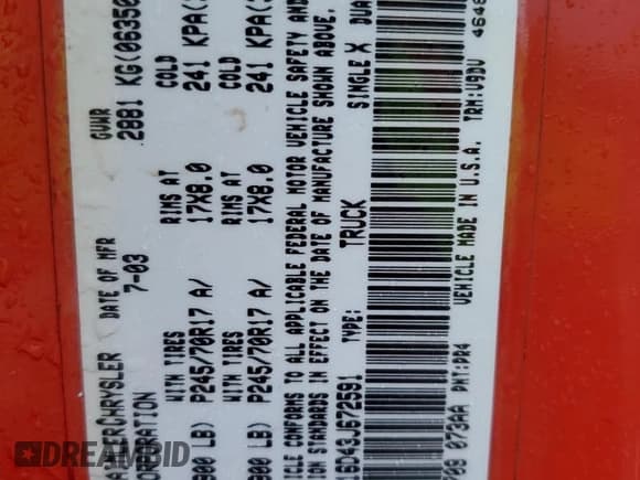 ✅ 2003 Dodge 1500 ST • VIN: 1D7HU16D43J672591 • Лот: 57947595. Опубликован ранее на Copart с пробегом 197 174 миль. Бесплатный доступ к архиву аукционных продаж из США и подробный отчёт об истории автомобиля на DreamBid. Изображение 12.