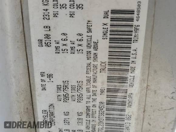 1996 Dodge Dakota with VIN 1B7GL23X3TS624510, listed as a Copart auction lot 59167255 with 198,326 mi miles and Salvage title. Bid and sale history available at DreamBid. Image 12.