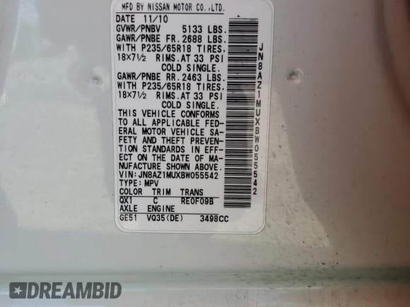 ✅ 2011 Nissan Murano LE • VIN: JN8AZ1MUXBW055542 • Lot: 90523045. Wystawiony na Copart z przebiegiem 160 419 mil. Bezpłatny archiwum sprzedaży aukcyjnych z USA i szczegółowy raport historii pojazdu na DreamBid. Zdjęcie 13.