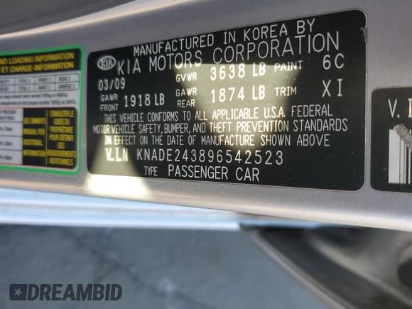 ✅ 2009 Kia Rio LX • VIN: KNADE243896542523 • Lot: 70467655. Listed on Copart with 121,444 mi. Free auction sales archive from the USA and detailed vehicle history report at DreamBid. Image 12.