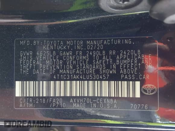 2020 Toyota Camry Hybrid LE с VIN 4T1C31AK4LU530457, выставлен на аукционе IAAI как лот 42979781 с пробегом 185 711 миль миль и . История ставок и продаж доступна на DreamBid. Изображение 9.