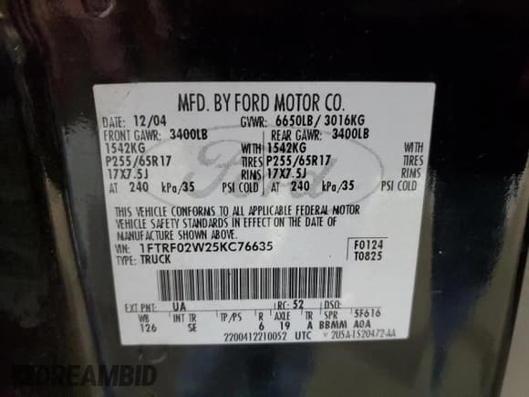 ✅ 2005 Ford F-150 STX • VIN: 1FTRF02W25KC76635 • Lot: 41410675. Listed on Copart with Not provided. Free auction sales archive from the USA and detailed vehicle history report at DreamBid. Image 12.