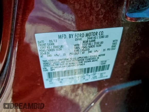 ✅ 2013 Ford Edge Limited • VIN: 2FMDK3KC4DBC37403 • Lot: 94340585. Listed on Copart with 155,029 mi. Free auction sales archive from the USA and detailed vehicle history report at DreamBid. Image 13.