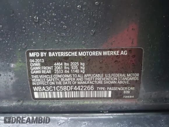 ✅ 2013 BMW 3 Series 328i • VIN: WBA3C1C58DF442266 • Lot: 43709088. Listed on IAAI with 197,603 mi. Free auction sales archive from the USA and detailed vehicle history report at DreamBid. Image 9.