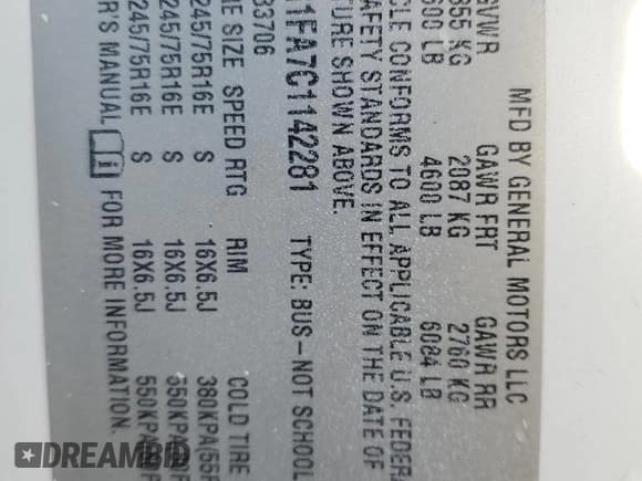 ✅ 2012 Chevrolet Express Passenger 1LT • VIN: 1GAZG1FA7C1142281 • Lot: 91367615. Listed on Copart with 159,578 mi. Free auction sales archive from the USA and detailed vehicle history report at DreamBid. Image 12.