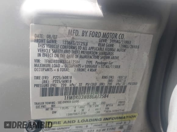 ✅ 2008 Ford Taurus X Limited • VIN: 1FMDK03W88GA12584 • Lot: 41910297. Listed on IAAI with Not provided. Free auction sales archive from the USA and detailed vehicle history report at DreamBid. Image 9.