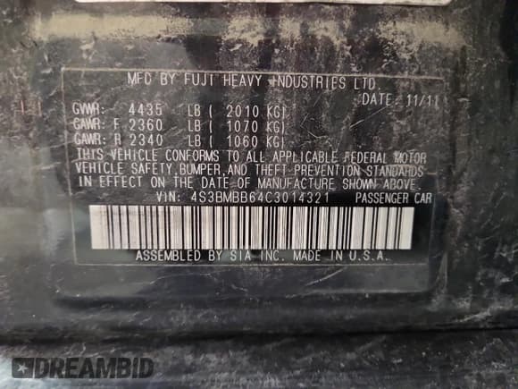 ✅ 2012 Subaru Legacy Premium • VIN: 4S3BMBB64C3014321 • Lot: 93126675. Listed on Copart with 163,399 mi. Free auction sales archive from the USA and detailed vehicle history report at DreamBid. Image 13.