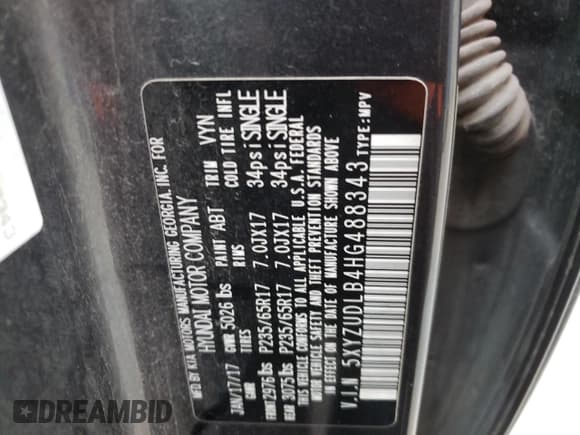 ✅ 2017 Hyundai Santa Fe 2.4L • VIN: 5XYZUDLB4HG488343 • Lot: 67198472. Listed on Copart with Not provided. Free auction sales archive from the USA and detailed vehicle history report at DreamBid. Image 10.