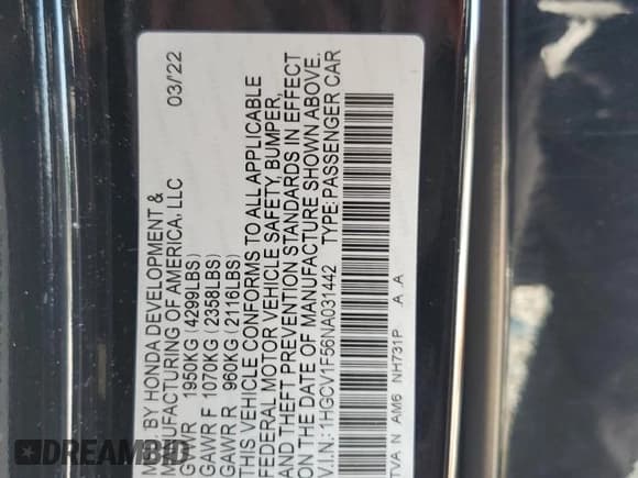 ✅ 2022 Honda Accord EX-L • VIN: 1HGCV1F56NA031442 • Lot: 80859485. Listed on Copart with 35,120 mi. Free auction sales archive from the USA and detailed vehicle history report at DreamBid. Image 12.