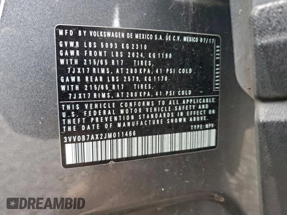 ✅ 2018 Volkswagen Tiguan S • VIN: 3VV0B7AX2JM011466 • Лот: 93777165. Опубликован ранее на Copart с пробегом 76 708 миль. Бесплатный доступ к архиву аукционных продаж из США и подробный отчёт об истории автомобиля на DreamBid. Изображение 14.