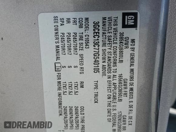 ✅ 2007 Chevrolet Silverado 1500 1LT • VIN: 3GCEC13C77G540105 • Lot: 72154744. Listed on Copart with 217,098 mi. Free auction sales archive from the USA and detailed vehicle history report at DreamBid. Image 14.