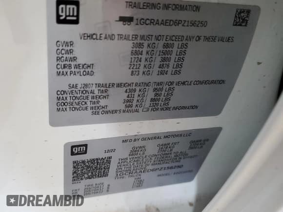 ✅ 2023 Chevrolet Silverado 1500 Work Truck • VIN: 1GCRAAED6PZ156250 • Lot: 52433205. Wystawiony na Copart z przebiegiem 22 864 mil. Bezpłatny archiwum sprzedaży aukcyjnych z USA i szczegółowy raport historii pojazdu na DreamBid. Zdjęcie 12.