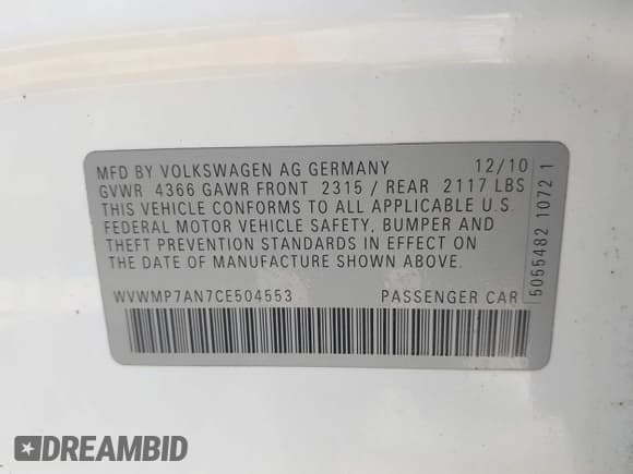 ✅ 2012 Volkswagen CC Sport • VIN: WVWMP7AN7CE504553 • Lot: 42469902. Listed on IAAI with 141,634 mi. Free auction sales archive from the USA and detailed vehicle history report at DreamBid. Image 9.