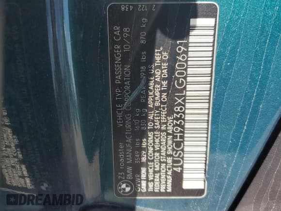 ✅ 1999 BMW Z3 2.5 • VIN: 4USCH9338XLG00691 • Лот: 70521875. Опубликован ранее на Copart с пробегом 62 015 миль. Бесплатный доступ к архиву аукционных продаж из США и подробный отчёт об истории автомобиля на DreamBid. Изображение 12.