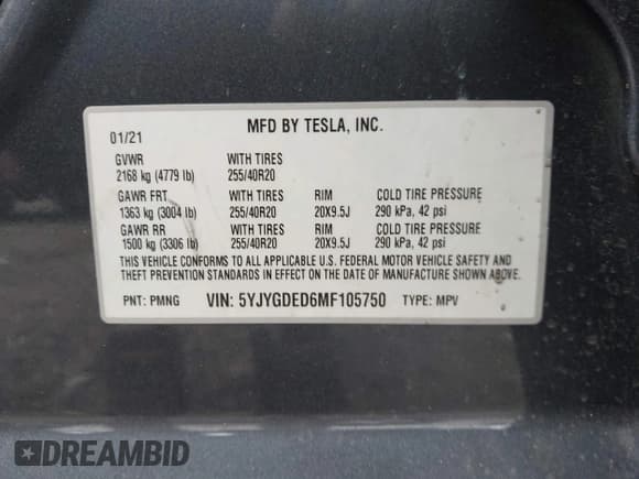 ✅ 2021 Tesla Model Y Standard Range • VIN: 5YJYGDED6MF105750 • Lot: 42855752. Listed on IAAI with 38,303 mi. Free auction sales archive from the USA and detailed vehicle history report at DreamBid. Image 9.