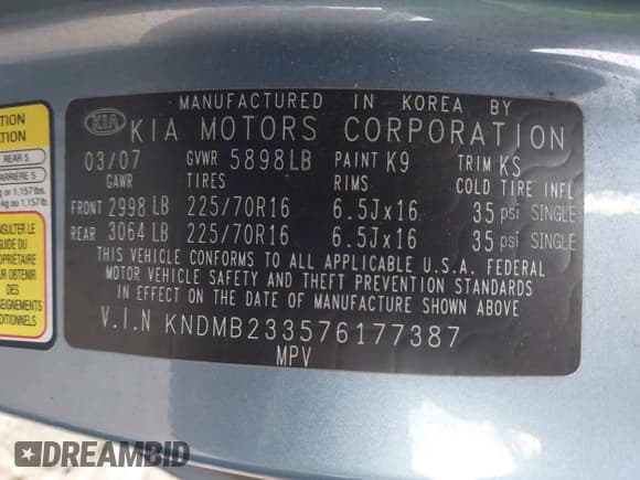 ✅ 2007 Kia Sedona LX • VIN: KNDMB233576177387 • Lot: 41258724. Listed on IAAI with 140,126 mi. Free auction sales archive from the USA and detailed vehicle history report at DreamBid. Image 9.