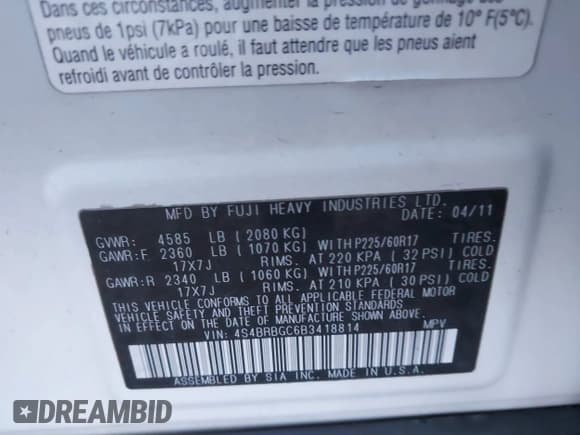 ✅ 2011 Subaru Outback Premium • VIN: 4S4BRBGC6B3418814 • Lot: 43731209. Listed on IAAI with 85,066 mi. Free auction sales archive from the USA and detailed vehicle history report at DreamBid. Image 9.