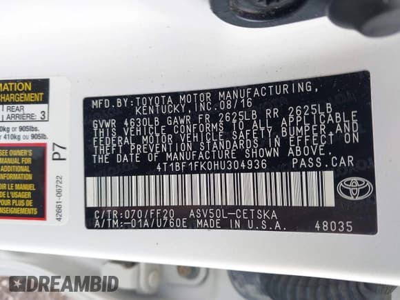 ✅ 2017 Toyota Camry SE • VIN: 4T1BF1FK0HU304936 • Лот: 43307489. Опубликован ранее на IAAI с пробегом 41 623 миль. Бесплатный доступ к архиву аукционных продаж из США и подробный отчёт об истории автомобиля на DreamBid. Изображение 9.