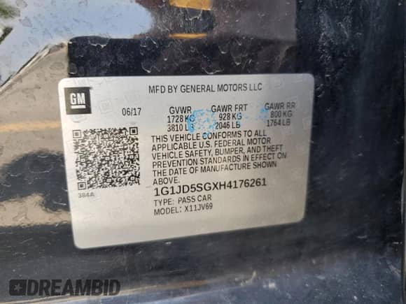 2017 Chevrolet Sonic LT with VIN 1G1JD5SGXH4176261, listed as a Copart auction lot 65185275 with Not provided miles and Salvage title. Bid and sale history available at DreamBid. Image 12.