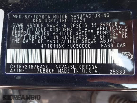 2022 Toyota Camry SE with VIN 4T1G11BK1NU050000, listed as a IAAI auction lot 42348766 with 57,429 mi miles and . Bid and sale history available at DreamBid. Image 9.