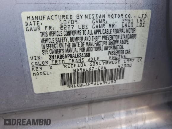 ✅ 2010 Nissan Sentra 2.0 • VIN: 3N1AB6AP9AL634380 • Lot: 93297375. Wystawiony na Copart z przebiegiem 117 753 mil. Bezpłatny archiwum sprzedaży aukcyjnych z USA i szczegółowy raport historii pojazdu na DreamBid. Zdjęcie 12.