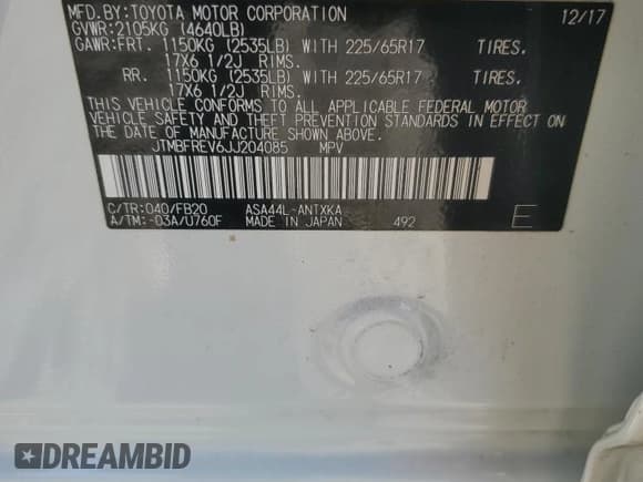 ✅ 2018 Toyota RAV4 LE • VIN: JTMBFREV6JJ204085 • Lot: 82551465. Listed on Copart with 53,871 mi. Free auction sales archive from the USA and detailed vehicle history report at DreamBid. Image 14.