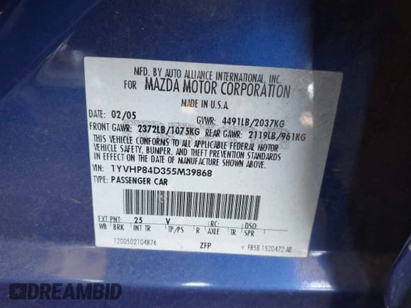 ✅ 2005 Mazda 6 Sport S • VIN: 1YVHP84D355M39868 • Lot: 43058612. Listed on IAAI with 133,540 mi. Free auction sales archive from the USA and detailed vehicle history report at DreamBid. Image 9.