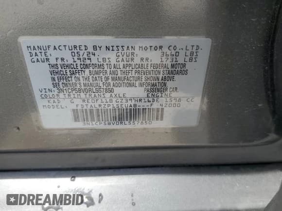 ✅ 2024 Nissan Kicks S • VIN: 3N1CP5BV0RL557850 • Лот: 67386415. Опубликован ранее на Copart с пробегом Не указан. Бесплатный доступ к архиву аукционных продаж из США и подробный отчёт об истории автомобиля на DreamBid. Изображение 12.