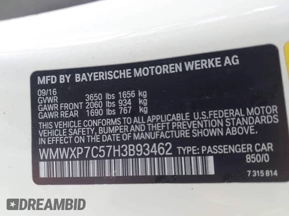 2017 MINI Hardtop Cooper S with VIN WMWXP7C57H3B93462, listed as a IAAI auction lot 43517920 with 56,050 mi miles and . Bid and sale history available at DreamBid. Image 9.