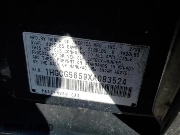 ✅ 1999 Honda Accord EX • VIN: 1HGCG5659XA083524 • Lot: 93174615. Listed on Copart with Not provided. Free auction sales archive from the USA and detailed vehicle history report at DreamBid. Image 12.