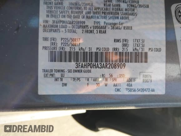 ✅ 2010 Ford Fusion SE • VIN: 3FAHP0HA3AR208909 • Lot: 43787946. Listed on IAAI with 136,401 mi. Free auction sales archive from the USA and detailed vehicle history report at DreamBid. Image 9.