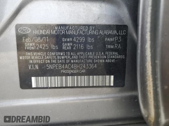 ✅ 2011 Hyundai Sonata GLS • VIN: 5NPEB4AC4BH243364 • Lot: 70575114. Listed on Copart with 130,588 mi. Free auction sales archive from the USA and detailed vehicle history report at DreamBid. Image 12.