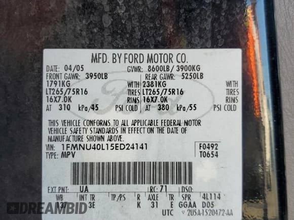 ✅ 2005 Ford Excursion Special Serv • VIN: 1FMNU40L15ED24141 • Лот: 87421344. Опубликован ранее на Copart с пробегом 263 527 миль. Бесплатный доступ к архиву аукционных продаж из США и подробный отчёт об истории автомобиля на DreamBid. Изображение 13.