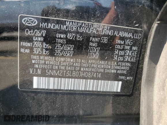 ✅ 2018 Hyundai Santa Fe 2.4L • VIN: 5NMZT3LB0JH087414 • Лот: 63354504. Опубликован ранее на Copart с пробегом 110 970 миль. Бесплатный доступ к архиву аукционных продаж из США и подробный отчёт об истории автомобиля на DreamBid. Изображение 13.